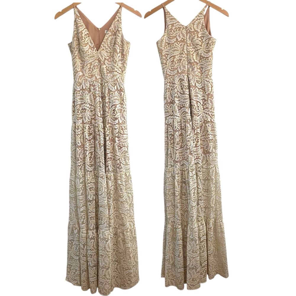 Dress The Population Melina Lace Maxi Dress Ivory Gold Sz XS Wedding Formal Prom - Picture 1 of 12